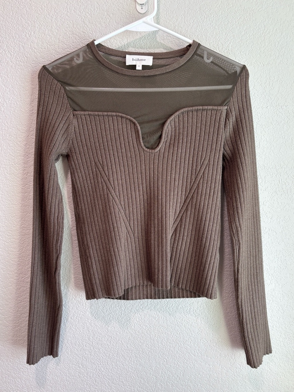 Bohme Ribbed Knit Long Sleeve Mesh Sweater Olive Brown Women’s Size Medium